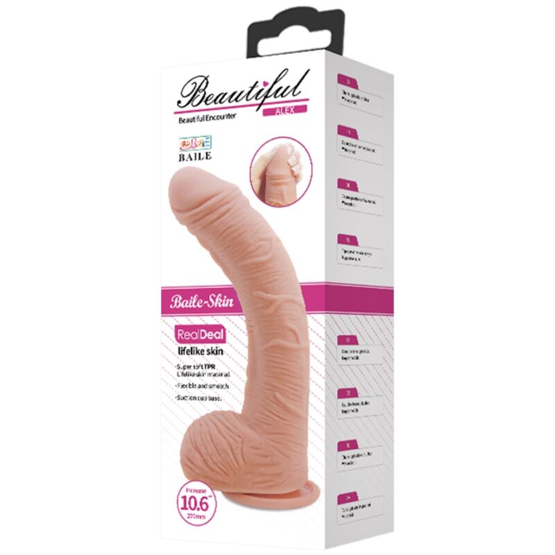 BAILE Dildo Pele Realista Alex Curvo 27 CM com Ventosa Forte, detalhe da textura e curvatura.