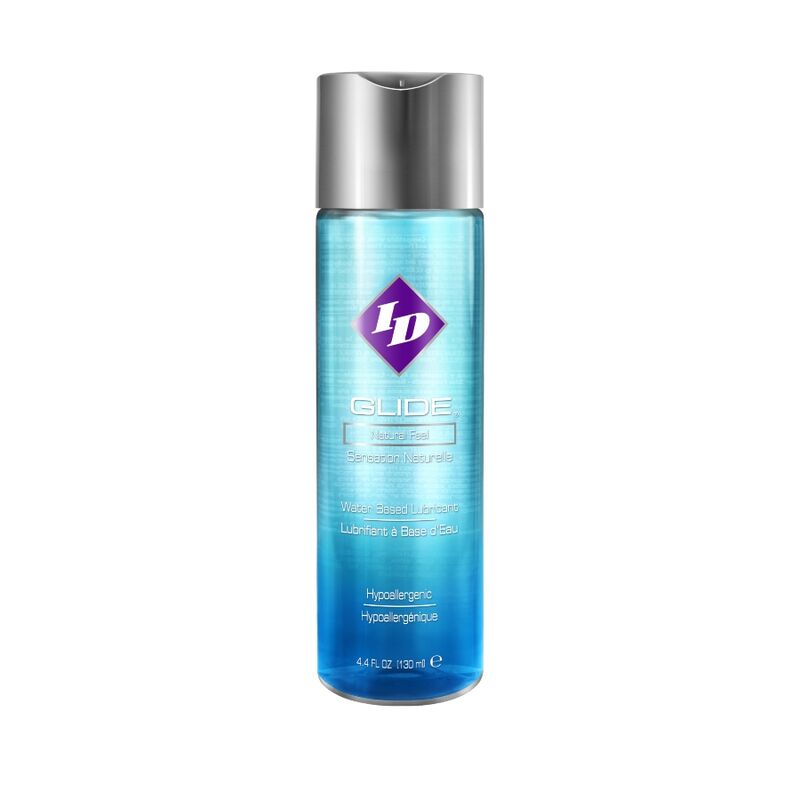 Frasco de ID Glide Lubrificante Íntimo à Base de Água 130ml, destacando a embalagem do produto.