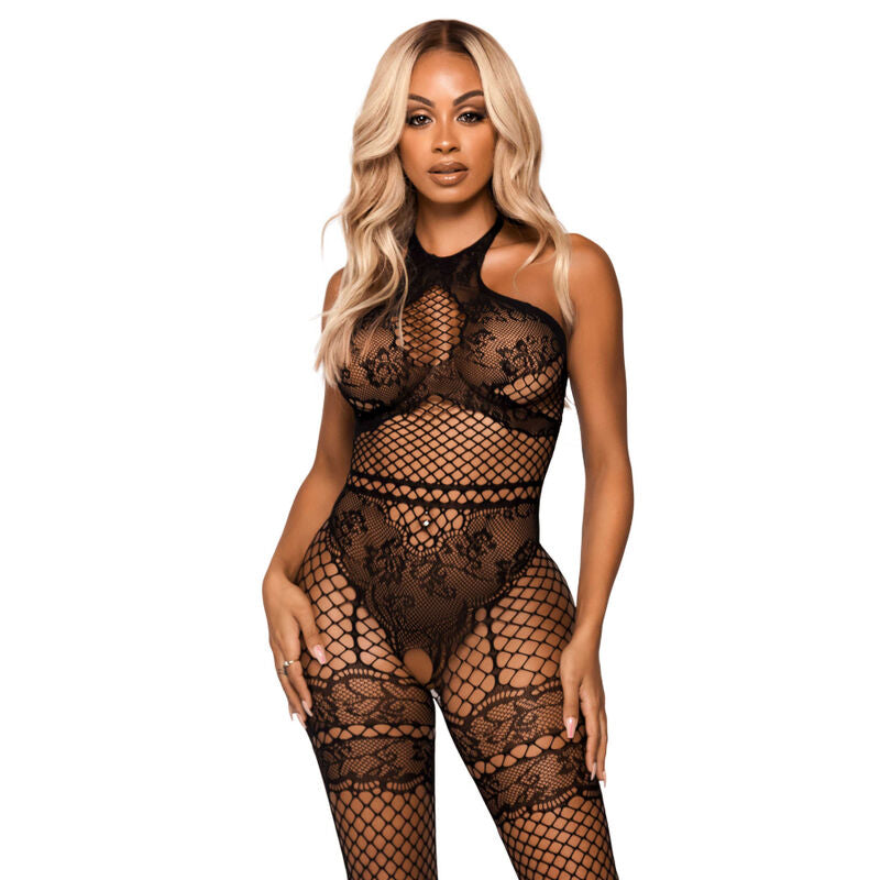 Bodystocking Leg Avenue Net Halter com renda em tamanho único na cor preta.
