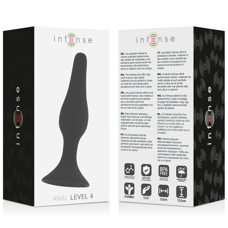 Close-up do Plug Anal INTENSE de Silicone Macio e Gradual 15,5cm, mostrando sua forma cônica e material liso e preto.