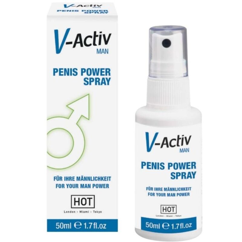 HOT V-ACTIV Penis Power Spray Masculino 50ML para estimulação íntima e prazer erótico.