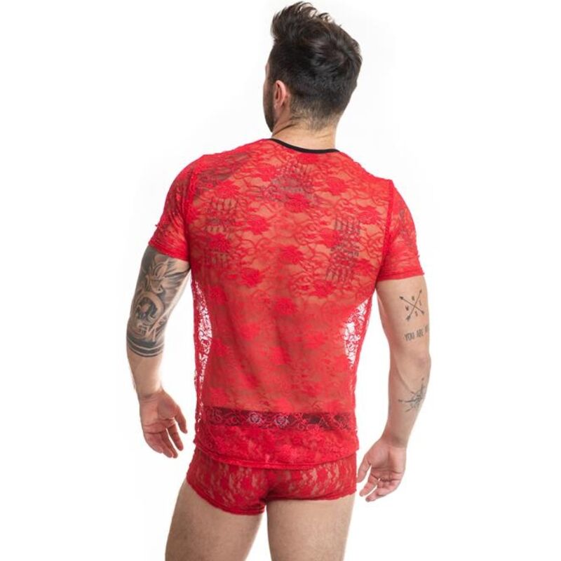 T-Shirt ANAIS MEN Brave XL com renda floral vermelha e ajuste ao corpo.