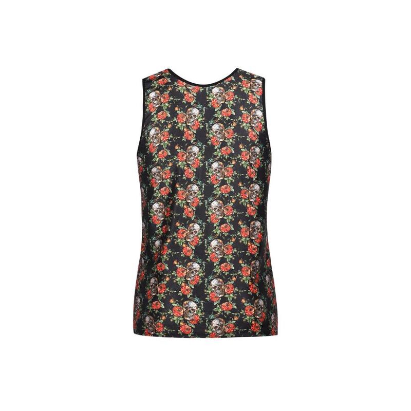Top ANAIS MEN Power S com estampado de rosas e caveiras em modal transparente.