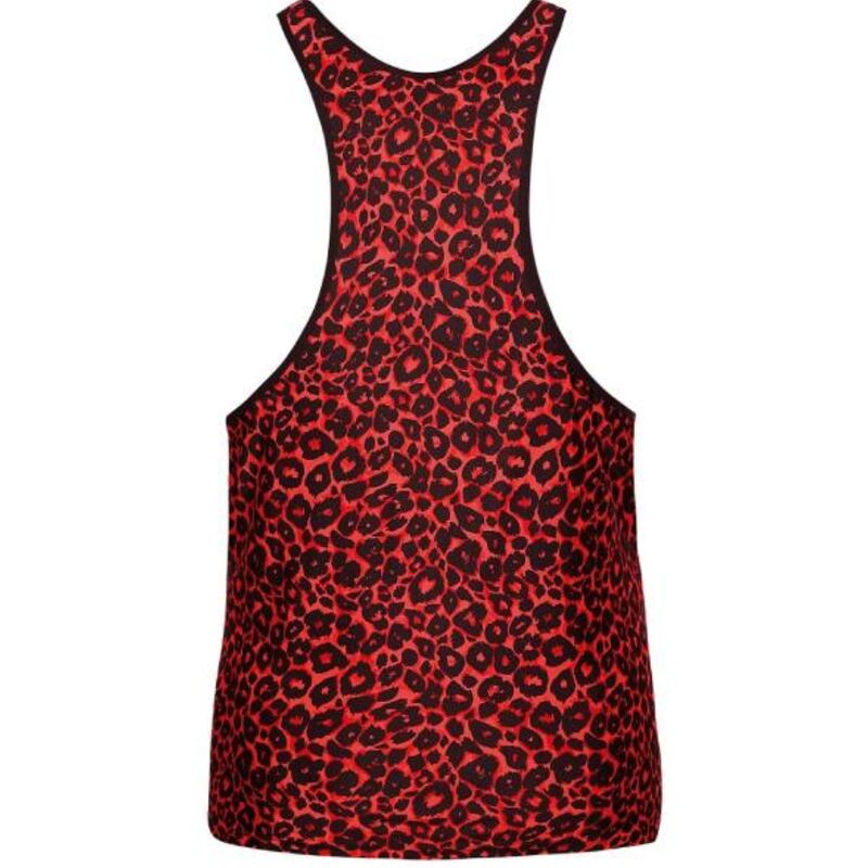 Top masculino ANAIS MEN Tribal em microfibra vermelha com estampa animal, detalhe de tecido e corte.