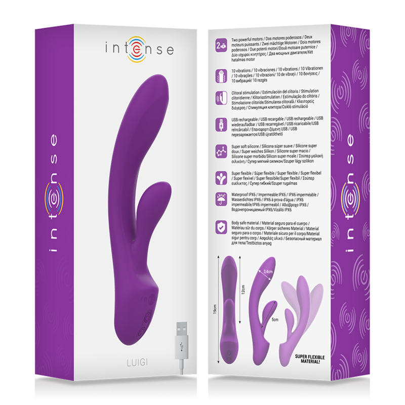Close-up do Vibrador Coelho Intense Luigi de Silicone Líquido Roxo, mostrando seu design ergonômico e estimulador clitoriano.