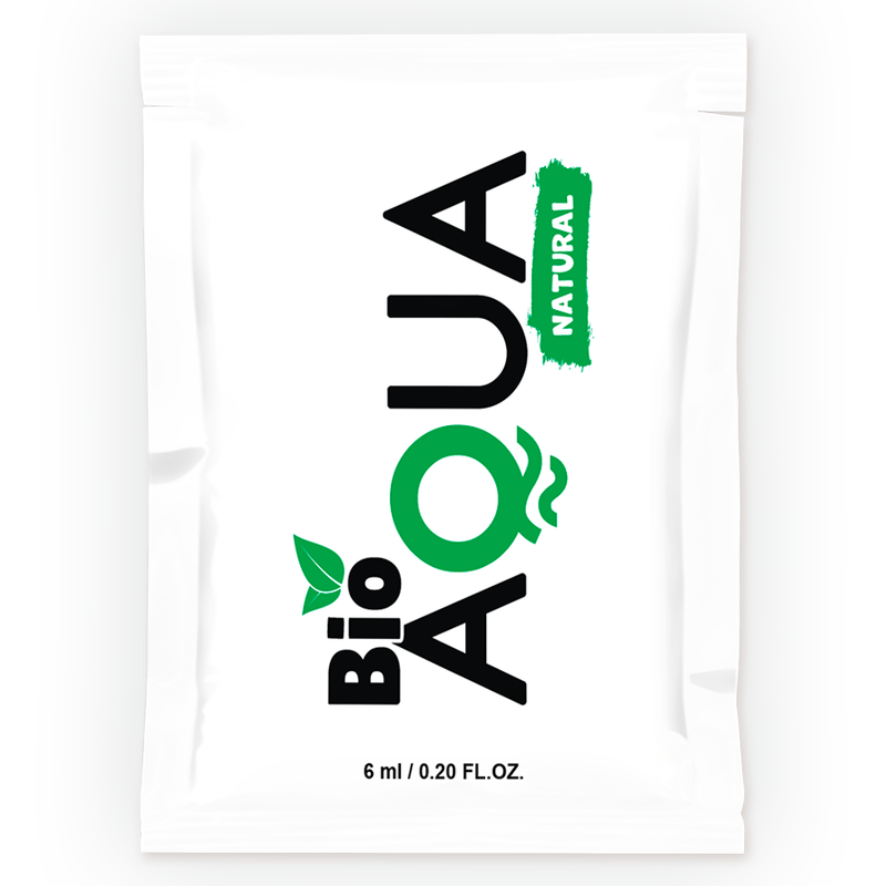 Close-up do Lubrificante BIOAQUA à Base de Água Ingredientes Naturais 6 ML, mostrando a embalagem discreta e a textura suave.