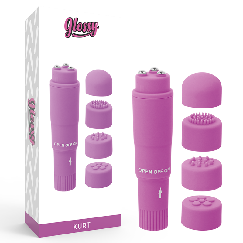 Close-up of the GLOSSY Mini Vibrador Kurt Roxo showing its sleek design and interchangeable heads.