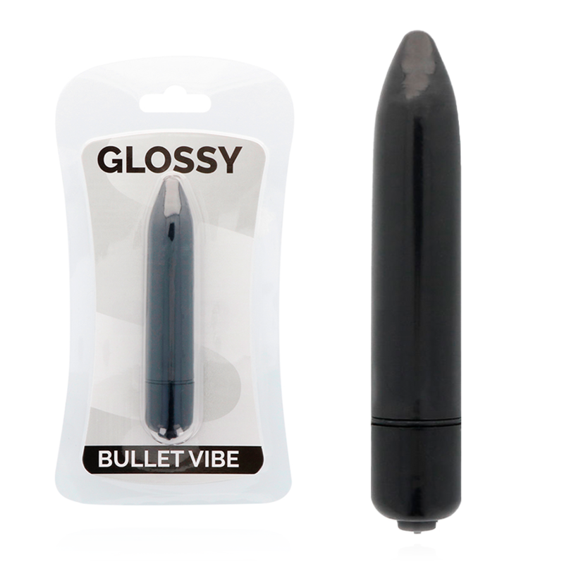 Vibrador Mini Portátil GLOSSY Preto, destacando o seu design compacto e material seguro.