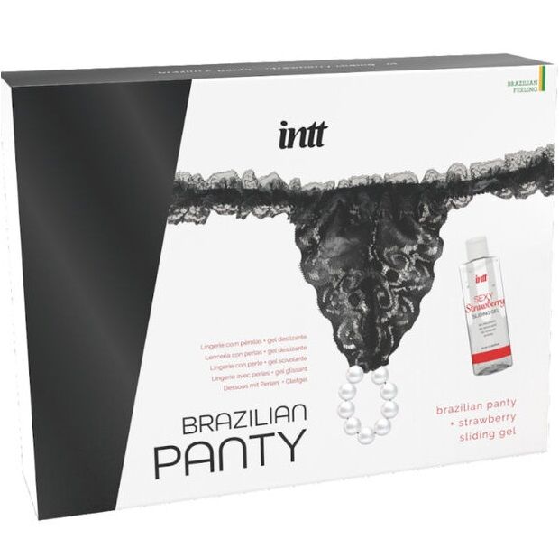 Detalhe da Calça Brasileira INTT com Pérolas e Gel Lubrificante Morango 50 ML, mostrando a lingerie sensual e o lubrificante.