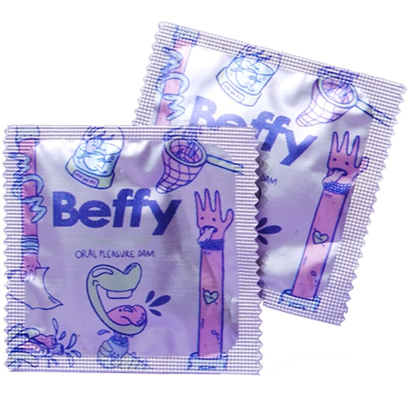 Embalagem e detalhe do Preservativo de Sexo Oral BEFFY, destacando seu design ultrafino.