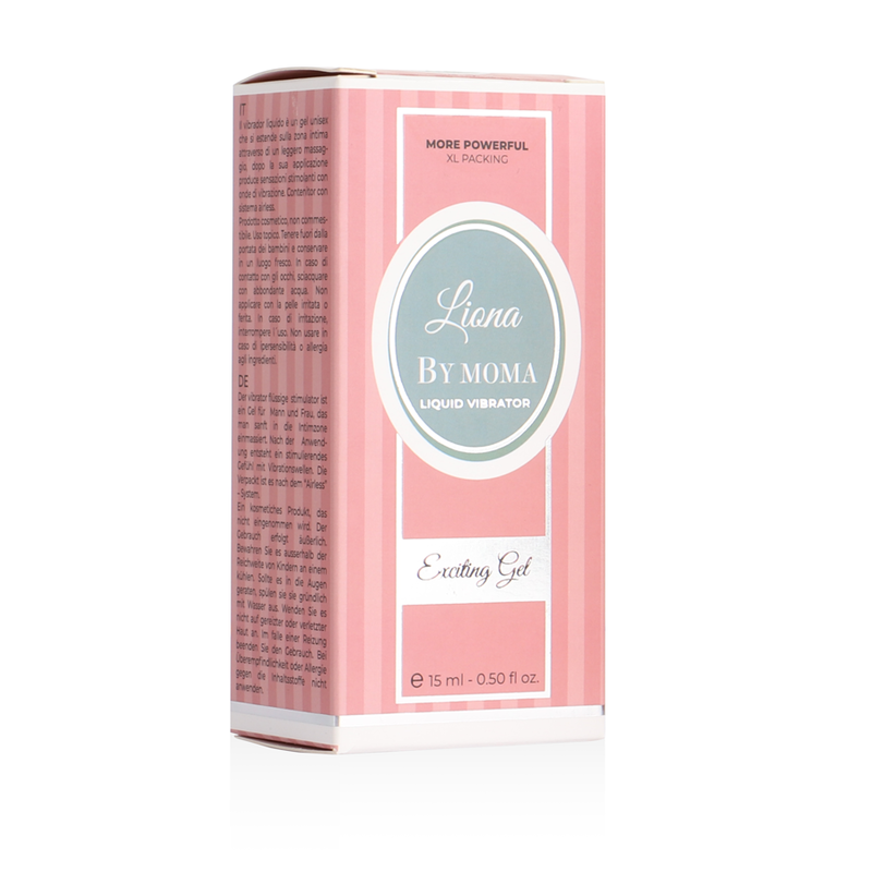 Embalagem do LIONA BY MOMA Gel Líquido Vibrador Efeito Excitante 15 ML, destacando o design e a marca.