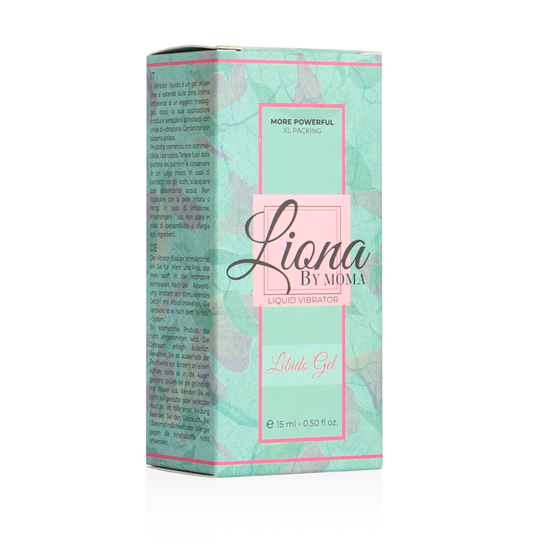 Embalagem de LIONA BY MOMA Gel Vibratório Líquido Libido 15ml, com detalhes do design elegante do produto.
