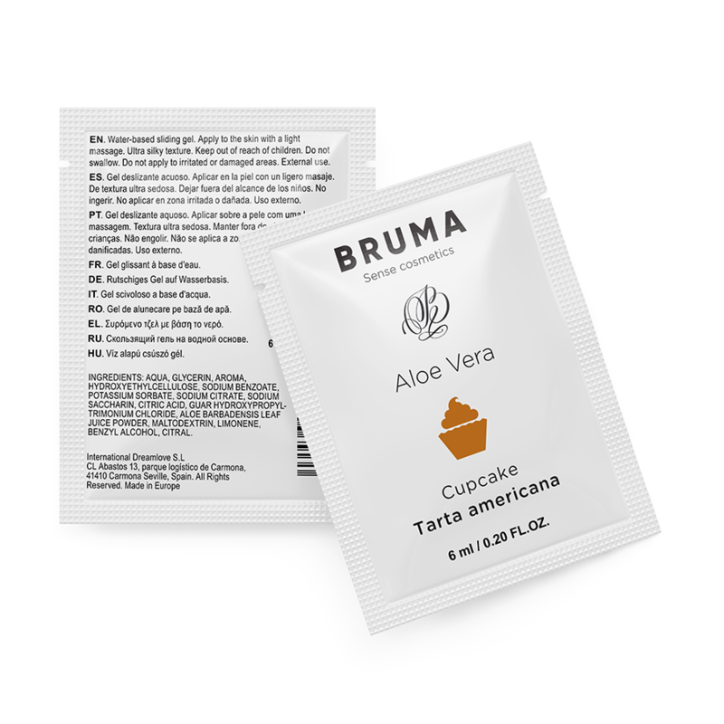 Close-up of the BRUMA Gel Deslizante Aloe Vera Sabor Cupcake 6 ML, highlighting its packaging and inviting design.