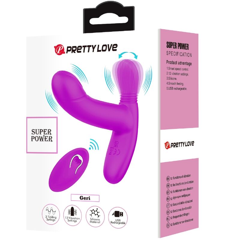 Close-up do Vibrador PRETTY LOVE Geri, mostrando seu design ergonômico e cor violeta, ideal para estimulação clitoriana e do ponto G com controle remoto.