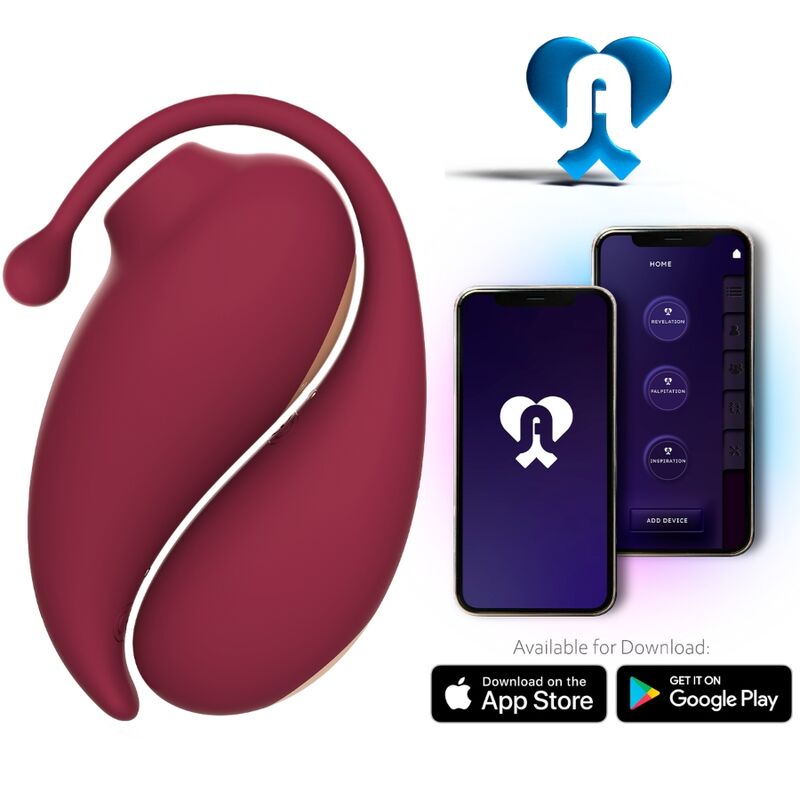 ADRIEN LASTIC Inspiration Clitoral Sucker e Ovo Vibratório, com controle via app, mostrando ambos os dispositivos e seus detalhes em vermelho.