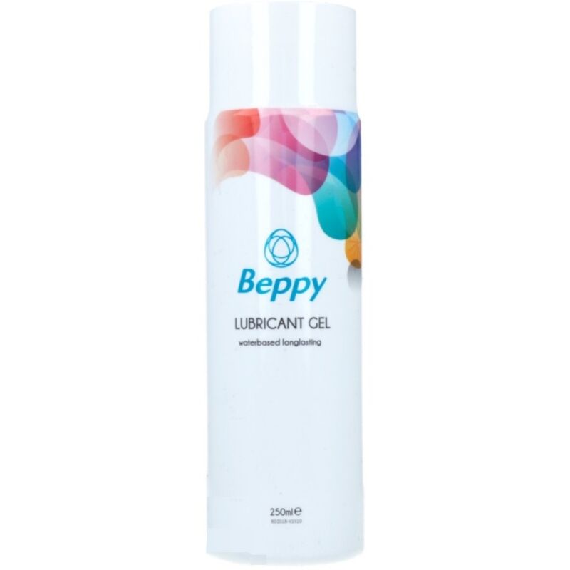 Close-up do BEPPY Gel Lubrificante à Base de Água Long-Lasting 250 ML, mostrando a embalagem e a textura do gel.