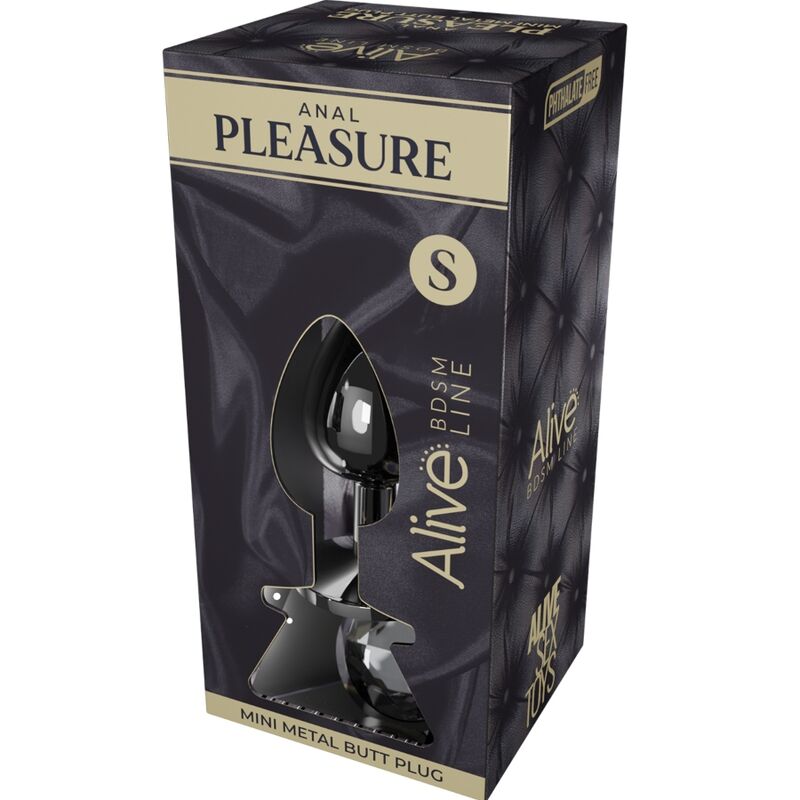 Close-up do ALIVE Mini Plug Anal Metálico Preto Tamanho S, mostrando seu design ergonómico e base segura.