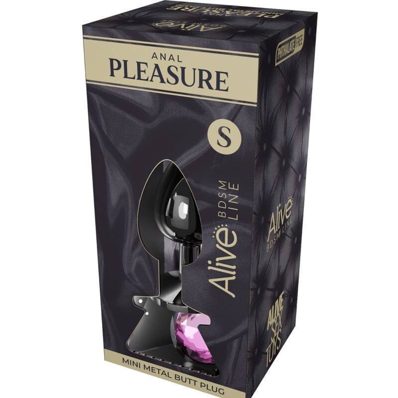 Close-up of the ALIVE Mini Plug Anal Metálico Rosa Tamanho S, highlighting its metallic finish and base.