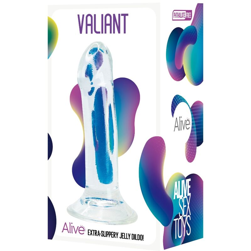 Pênis realista transparente ALIVE Valiant 16cm, detalhe da textura e design translúcido.