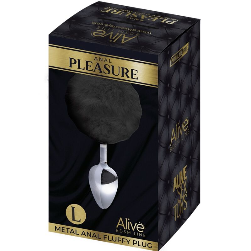 Close-up do ALIVE Plug Anal Metálico Liso Fluffy Preto Tamanho L, mostrando o metal polido e o pompom macio.