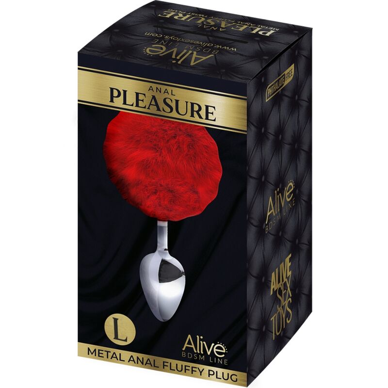 ALIVE Plug Anal de Metal Liso Fluffy Vermelho Tamanho L com pompom macio