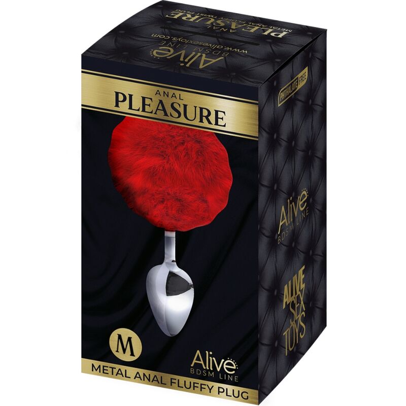 Close-up do ALIVE Plug Anal de Metal Liso Fluffy Vermelho Tamanho M, mostrando a textura lisa do metal e o pompom vermelho.