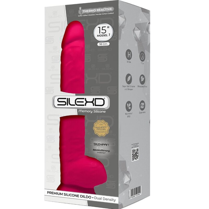 Close-up do Dildo Realístico SILEXD Silexpan Fúcsia de 38 CM, destacando sua textura de silicone e base com ventosa.