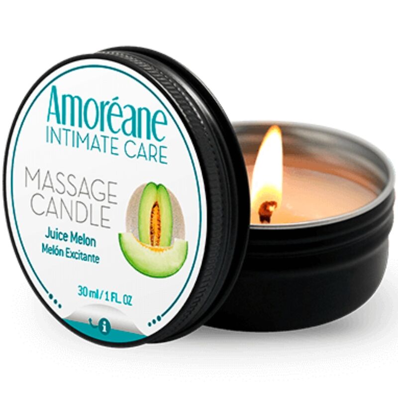 Vela de massagem AMOREANE com aroma de melão, 30 ml, ideal para momentos de relaxamento e intimidade.