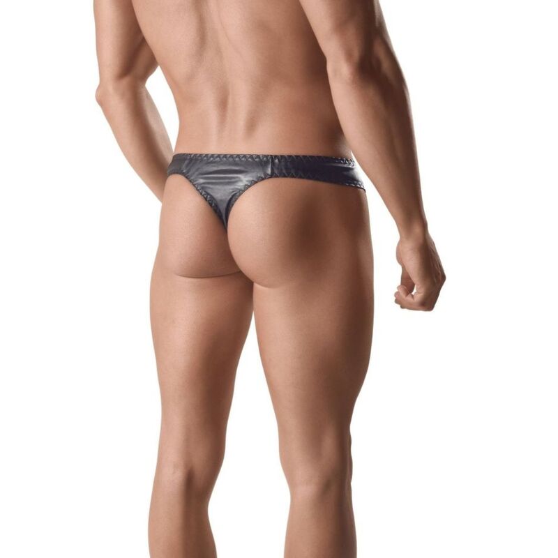 Tanga masculina Anais For Men Ares II 2XL em efeito couro preto, mostrando detalhes e textura.