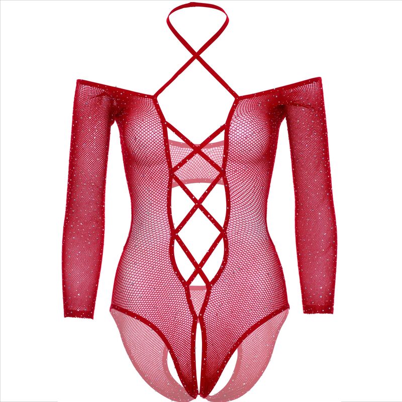 Body Crotchless Leg Avenue de Renda Arrastão Vermelha com Strass