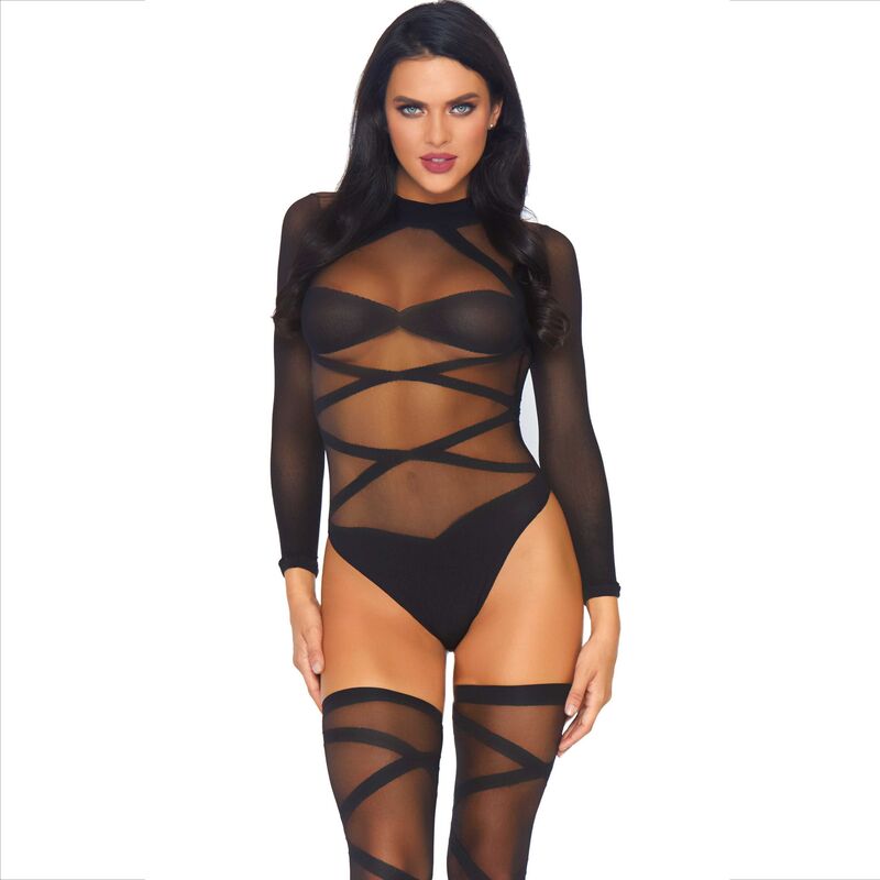 Close-up do LEG AVENUE Conjunto 2 Peças Body Transparente e Meias à Coxa, mostrando o design e a textura do tecido.
