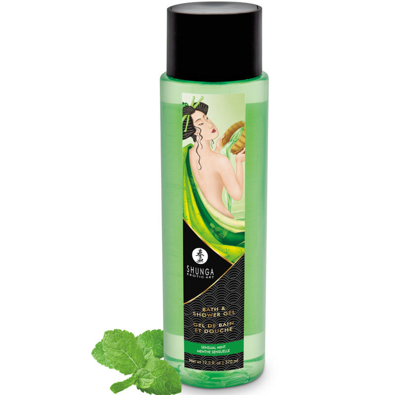 Frasco de SHUNGA Gel de Banho e Duche Sensual Hortelã 370 ML, mostrando a embalagem e o líquido refrescante.