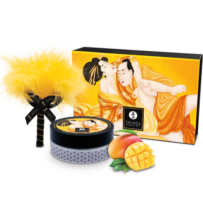 Kit de Pó de Massagem Comestível SHUNGA Manga 75g com Pincel de Penas para Massagem Sensual