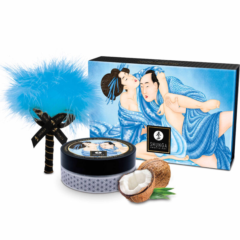 Kit de Massagem em Pó Comestível SHUNGA Sabor Coco para momentos sensuais.
