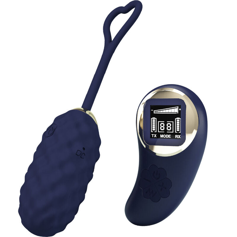Ovo vibratório PRETTY LOVE Vivian Blue com controle remoto, mostrando seu design ergonômico e acabamento em silicone.