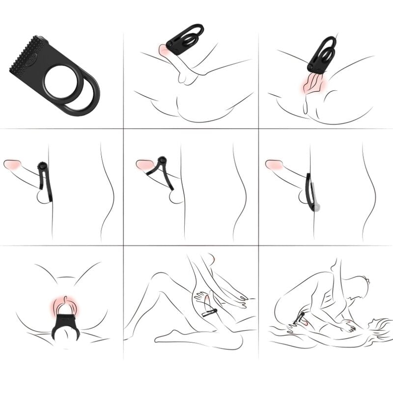 ARMONY Anel Vibrador Duplo Twins para Casais preto, detalhe da textura de silicone e motor vibratório.