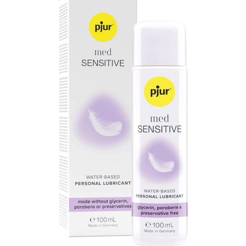 Frasco de PJUR MED Sensitive Glide Lubrificante Aquoso 100ml, ideal para peles sensíveis.