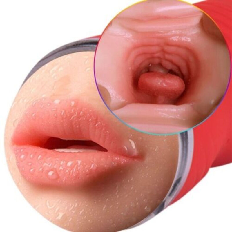 Armony Masturbador Duplo Vagina e Boca Realistas Vermelho, mostrando texturas e aberturas para estimulação.