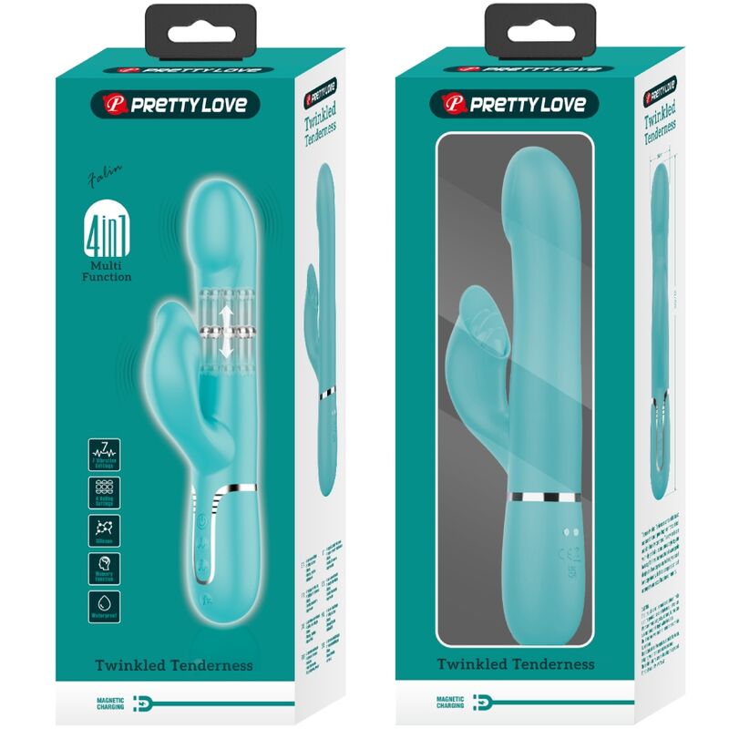 Vibrador Coelho Pretty Love Pérolas Aqua Verde para estimulação dupla e prazer intenso.