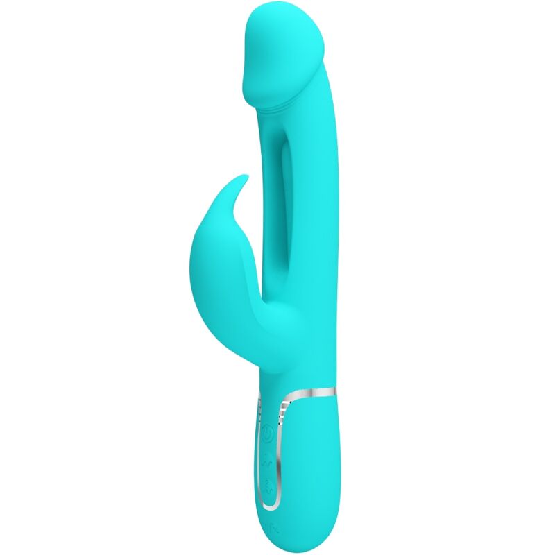 Close-up do Vibrador Coelho PRETTY LOVE Dejon, destacando seu design ergonômico, o estimulador coelho e a textura de silicone.