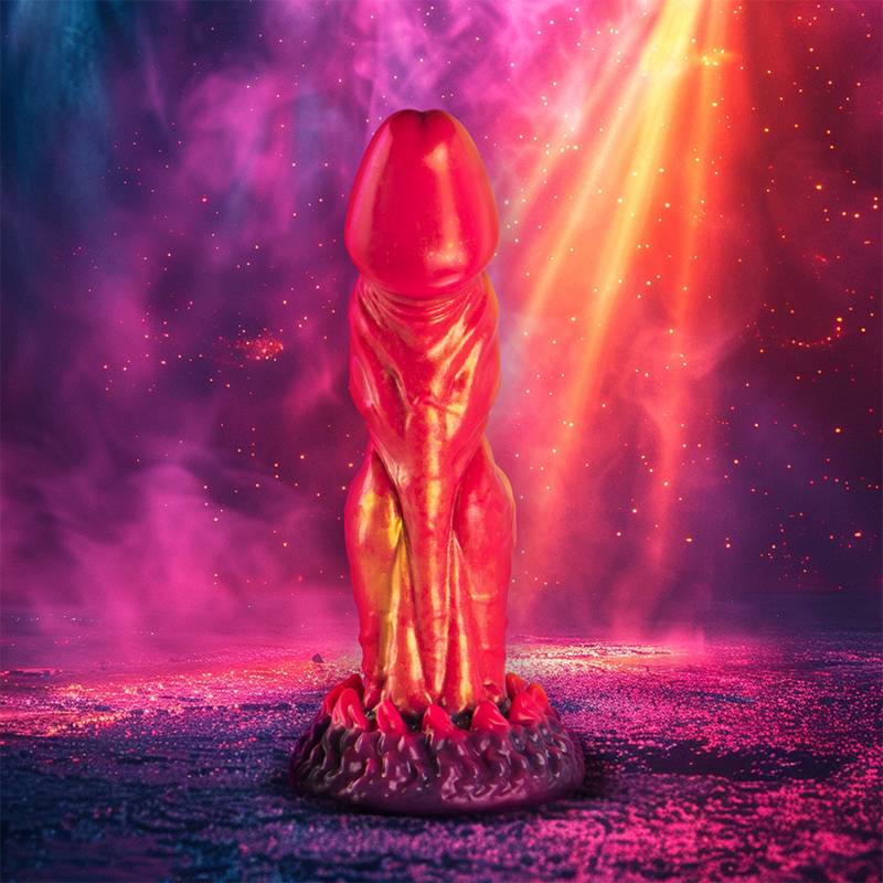 Dildo de silicone Cerberus da EPIC CYBERSILICOCK, com design mitológico e cores vibrantes.