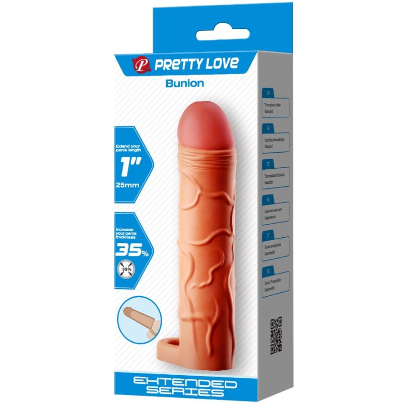 Capa peniana extensor PRETTY LOVE de silicone, mostrando sua textura realista e forma ergonómica.