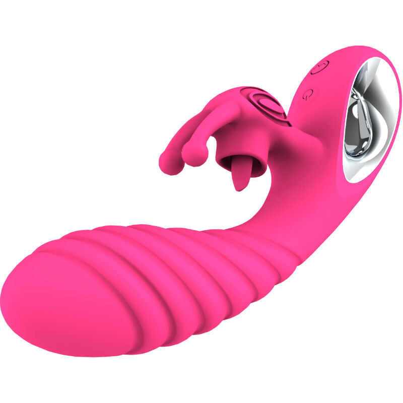 Armony Vibrador Vicky com Língua Estimuladora Fúcsia em silicone, à prova de água, vista detalhada.