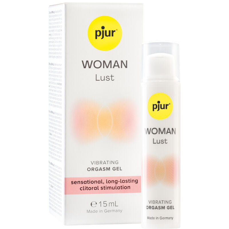 Frasco de PJUR Gel Vibrante Woman Lust para Orgasmo 15 ML, focado na estimulação feminina.