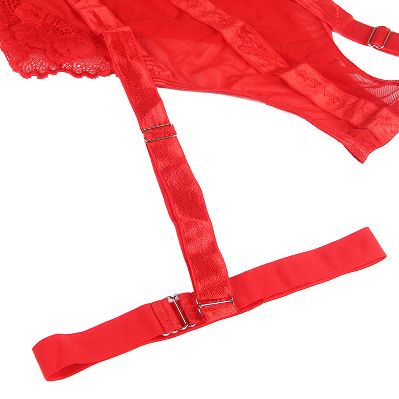 Close-up do Body Teddy Feminino SUBBLIME Vermelho S/M, mostrando detalhes em renda e as ligas integradas.