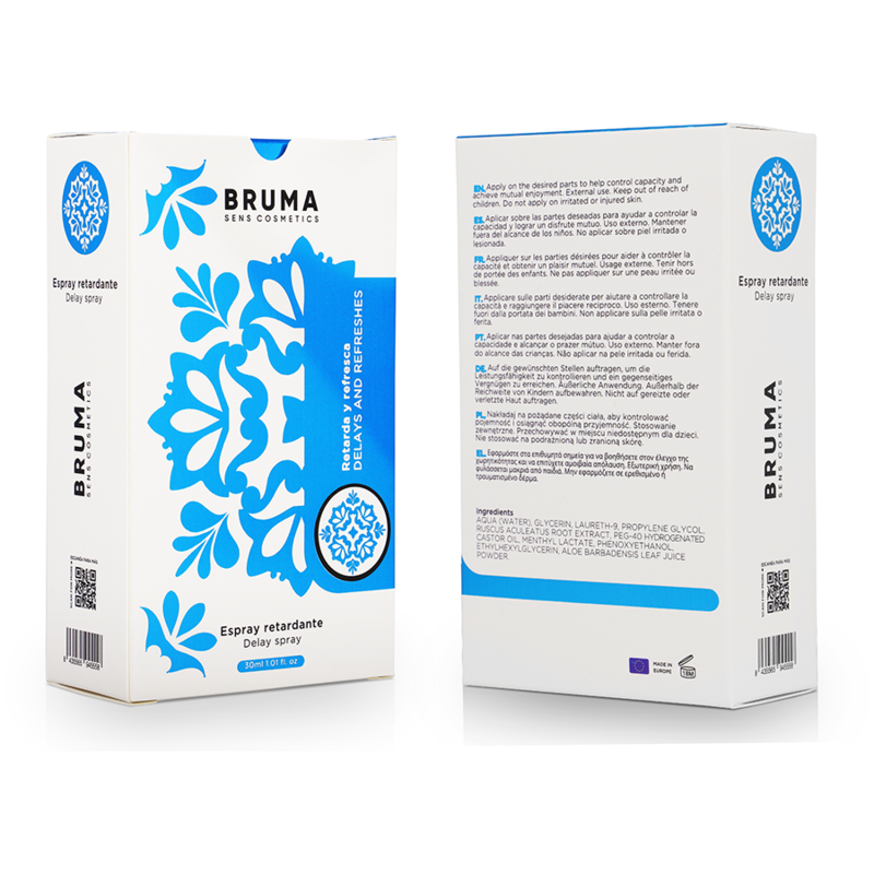 Close-up of the BRUMA Spray Retardante e Refrescante 30 ML, highlighting its packaging and compact size.