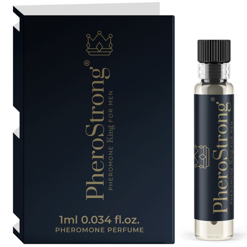 Frasco do PHEROSTRONG Perfume de Feromonas King para Homem 1 ML, destacando seu design elegante e aroma sedutor.