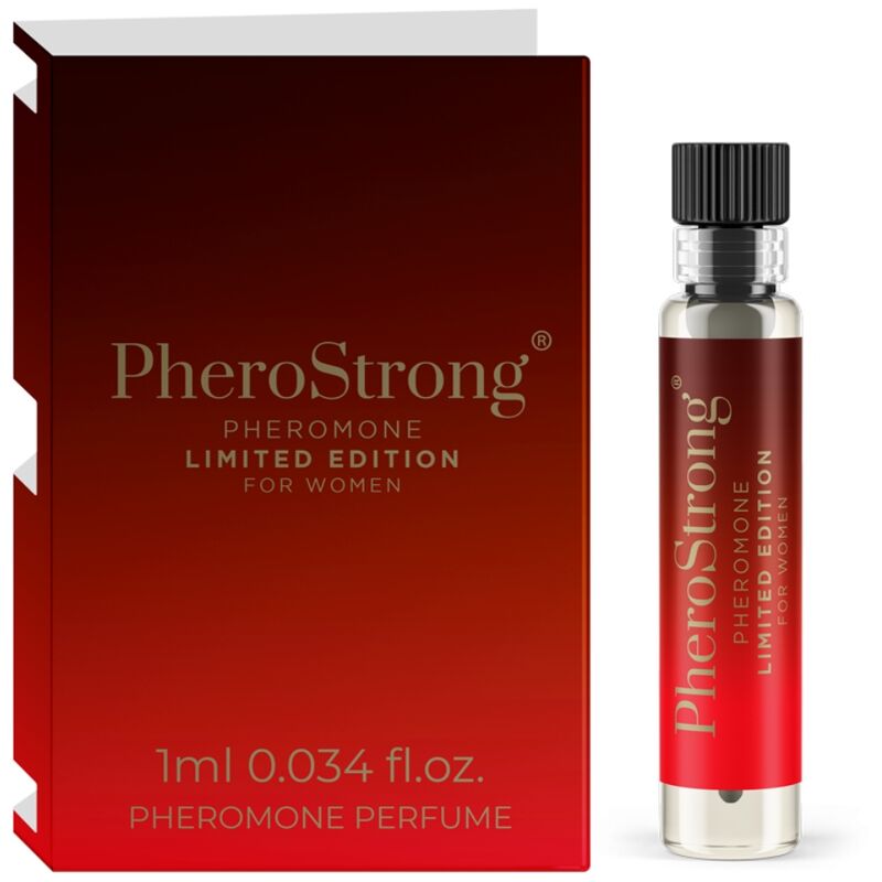 Frasco de PHEROSTRONG Perfume de Feromonas Edição Limitada para Mulheres 1 ML, destacando seu design elegante.