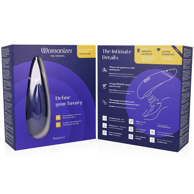 Womanizer Premium 2 Estimulador Clitoriano Blueberry, com tecnologia Pleasure Air para prazer sem contato.