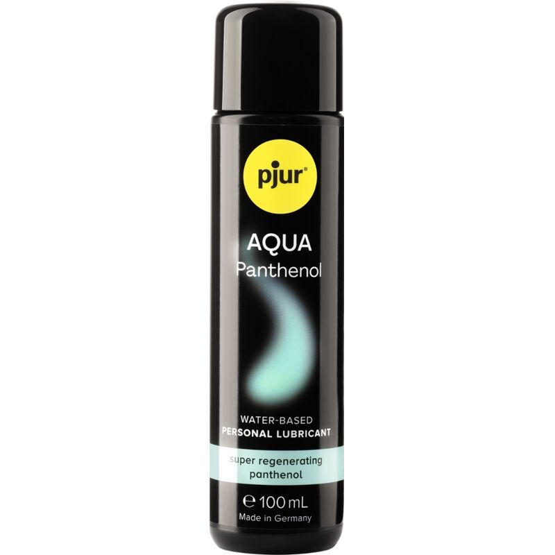 Frasco de Pjur Lubrificante Aqua Pantenol 100ml, exibindo a embalagem e detalhes do produto.